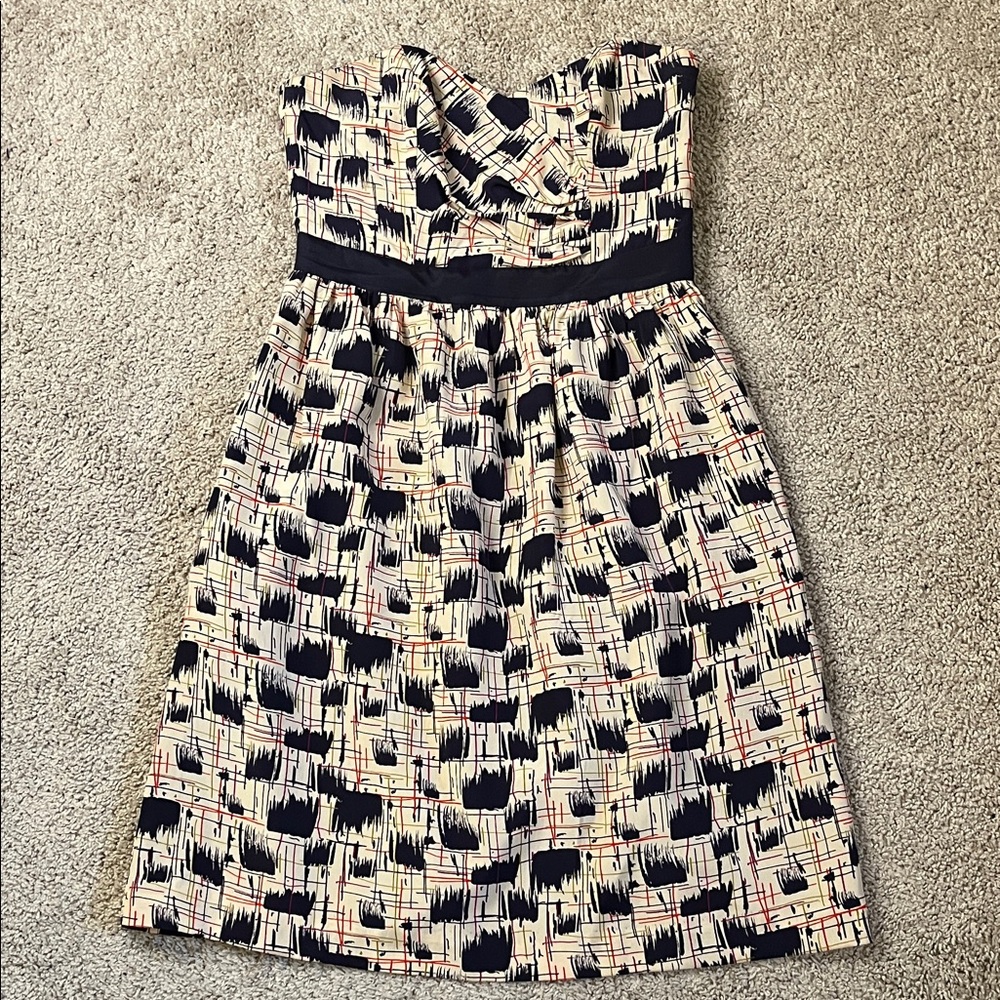 Anthropologie Burlapp Blurred Shapes Navy Cream Silk Sleeveless Dress Size 6